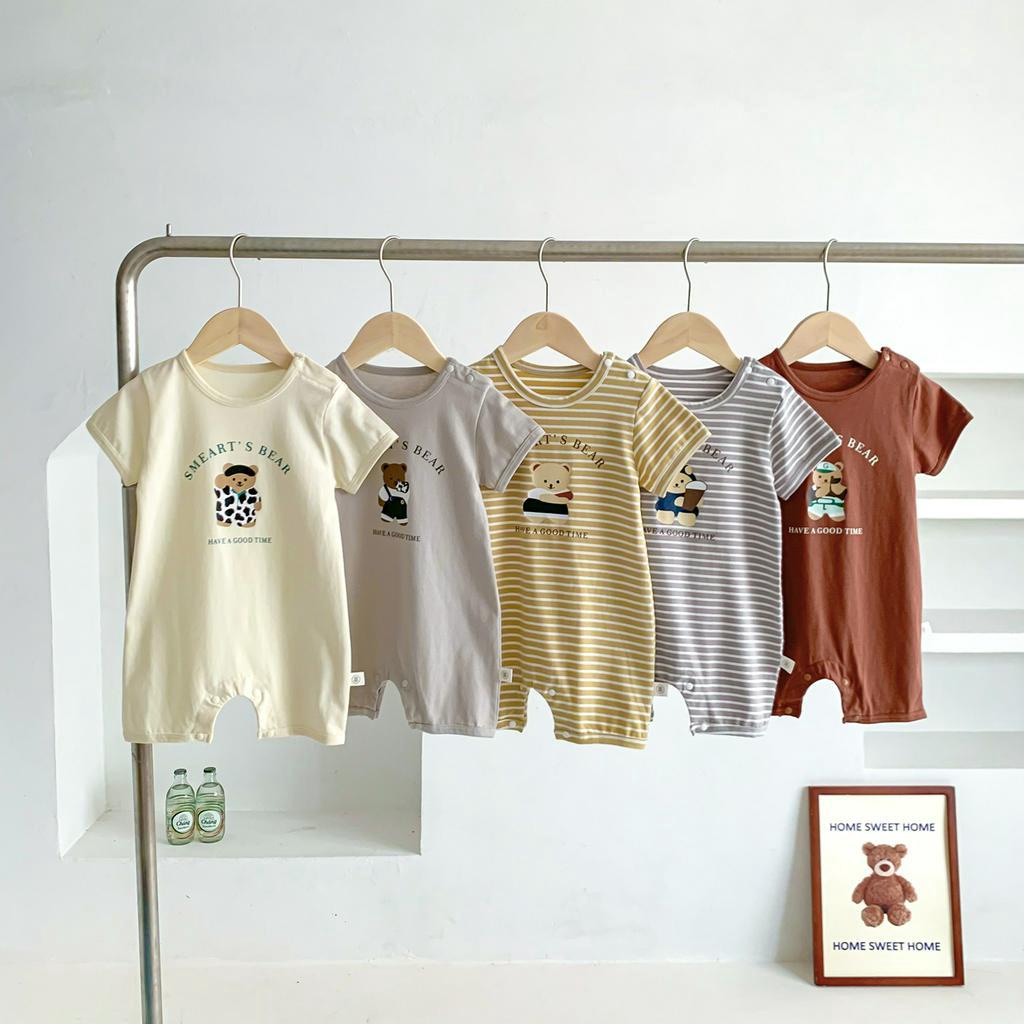 Bộ Áo Liền Quần Ngắn Tay Họa Tiết Sọc Ngang Cho Bé Gái