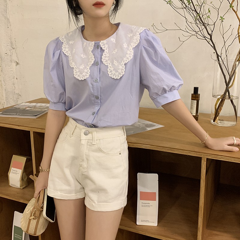 Áo Blouse Pháp Cổ Ren Búp Bê Ngắn Tay Phong Cách Hàn Quốc