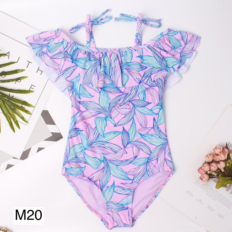 M20 Bikini/ bơi 1 mảnh trễ vai buộc dây hồng hoạ tiết hoa nhiệt đới