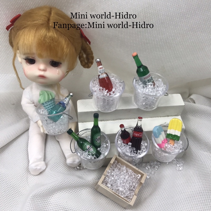 set mô hình chai nước ướp trong thùng đá vụn mini dùng làm vật liệu trang trí nhà búp bê BJD tỉ lệ 1/12, 1/8