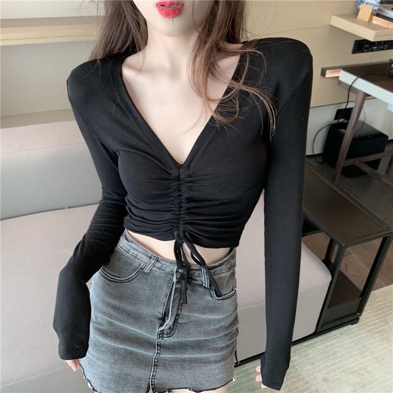 [Mã 11FASHIONSALE1 giảm 10K đơn 50K] Áo croptop rút dây tay dài chất đẹp [ảnh thật + video] | BigBuy360 - bigbuy360.vn