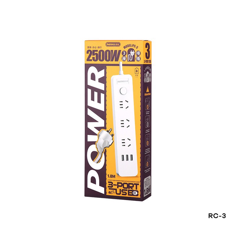 Ổ cắm điện thông minh Remax PC-3 hỗ trợ 3 cổng USB và 3 phích cắm - công suất tải lên đến 2500W
