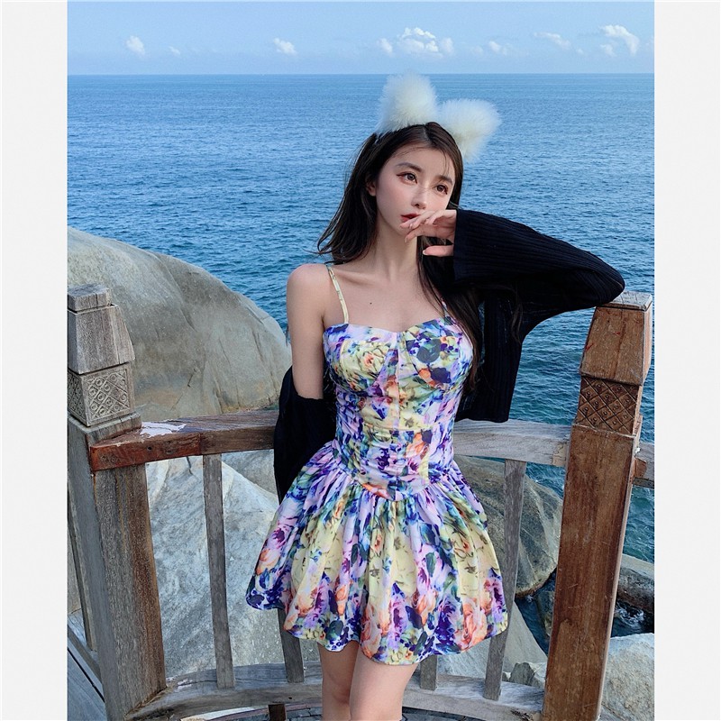 Đầm nữ đầm dáng xòe, đầm hoa hai dây sexy