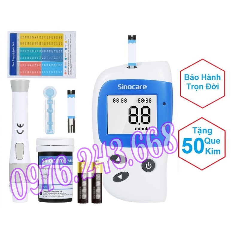 Máy Đo Đường Huyết Safe Accu 2 Chính Hãng Sinocare Tặng Kèm 50 Que Và 50 Kim