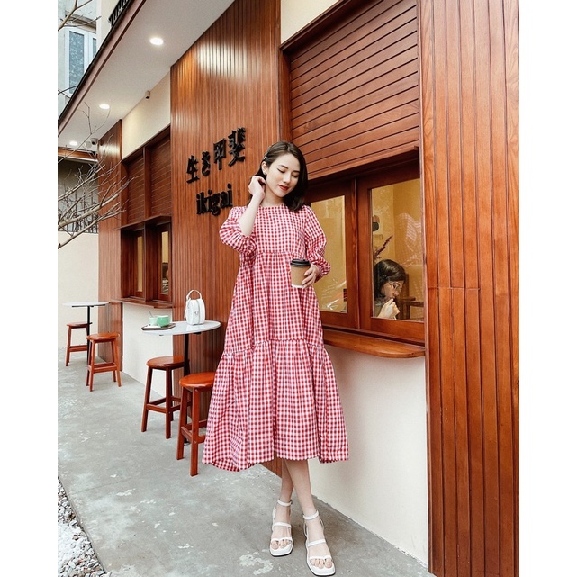 Đầm kẻ ô dáng dài chất cotton thô form dáng rộng cực xinh