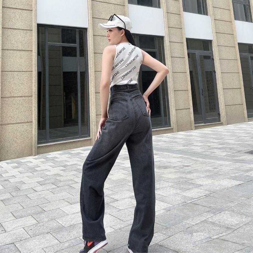 Quần bò ống rộng nữ JEANNY JEAN dáng suông lưng cao màu đen phong cách Ulzzang 5030