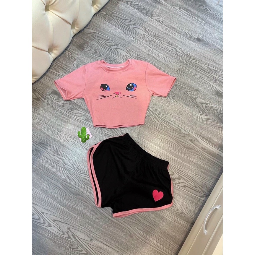 Set bộ cotton áo thun croptop mèo quần short tim p