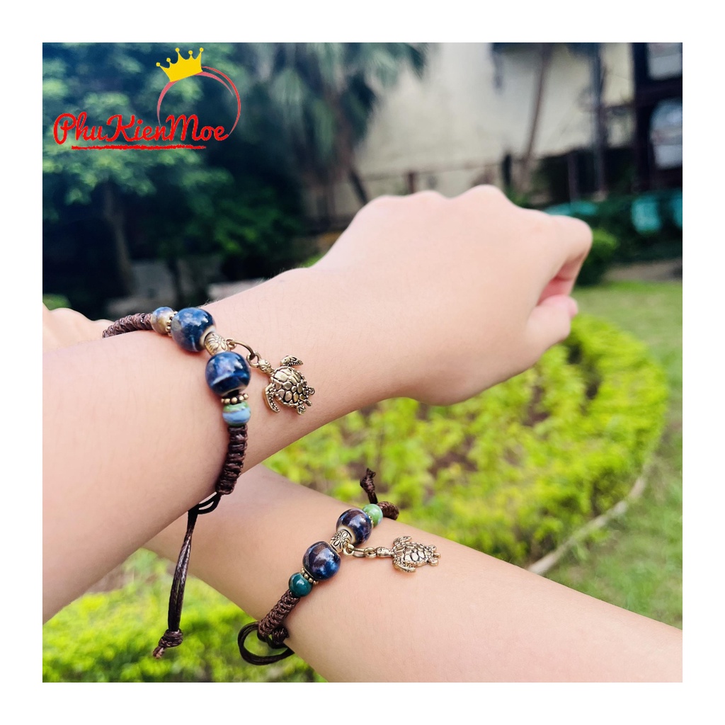 Vòng tay dây rút hình rùa biển hạt thổ cẩm PhuKienMoe handmade