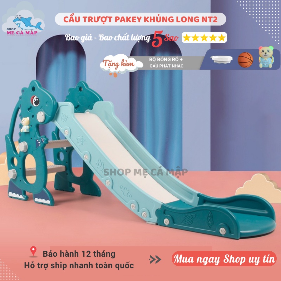 Cầu trượt cho bé Pakey Khủng Long NT2  Thành trượt cao an toàn cho bé, TẶNG KÈM BÓNG RỔ + GẤU PHÁT NHẠC
