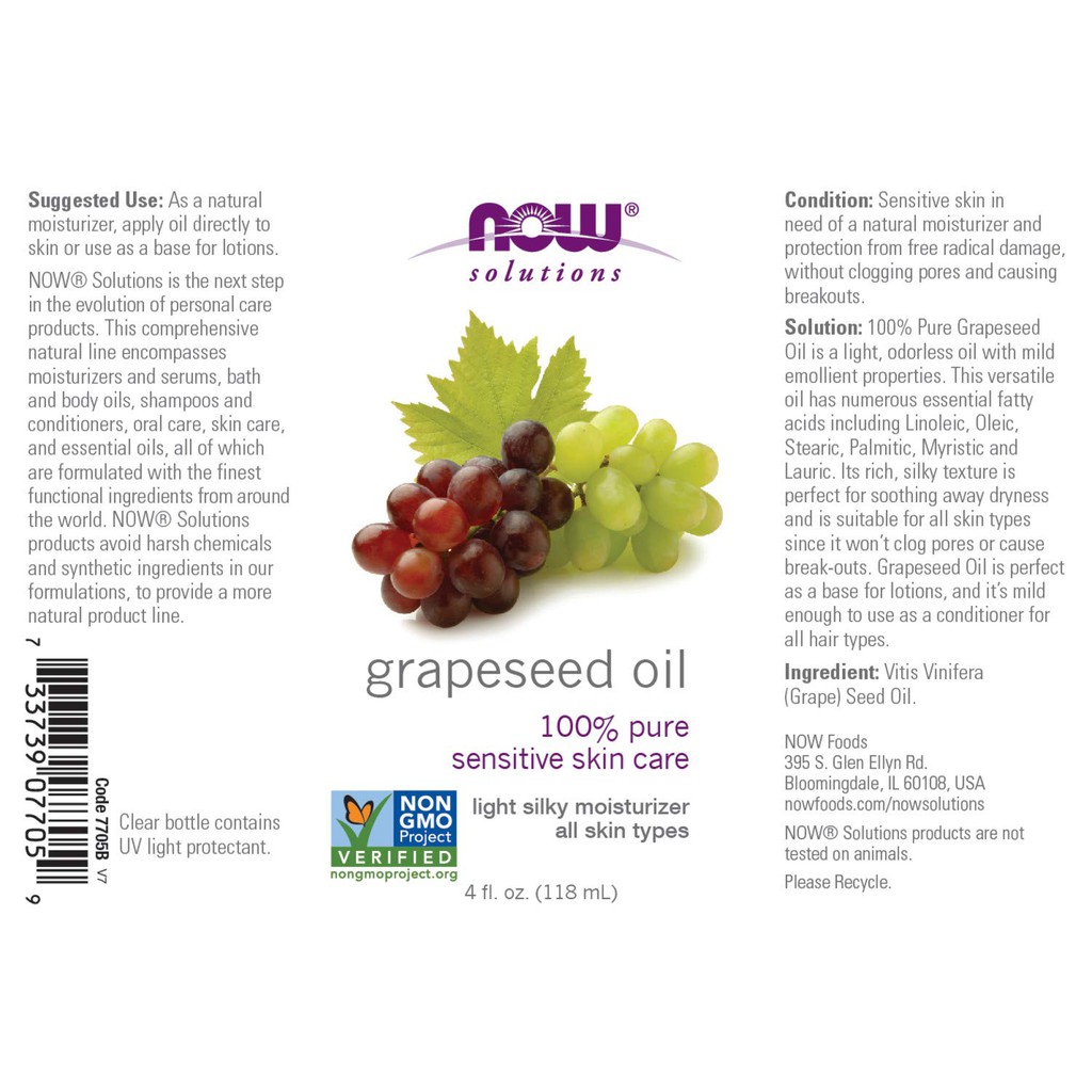 Grape Seed Oil Now Solutions - Dầu Hạt Nho (GrapeSeed Oil) - 118ml - Dầu dưỡng da Now