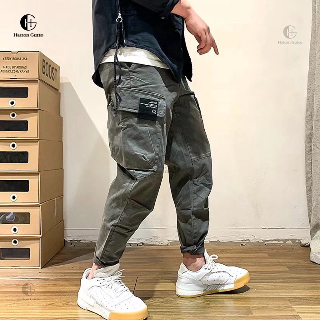 Quần dài chino HATTON GUTTO dáng suông rộng vải cotton lưng thun nhiều túi phong cách Hàn Quốc cho nam
