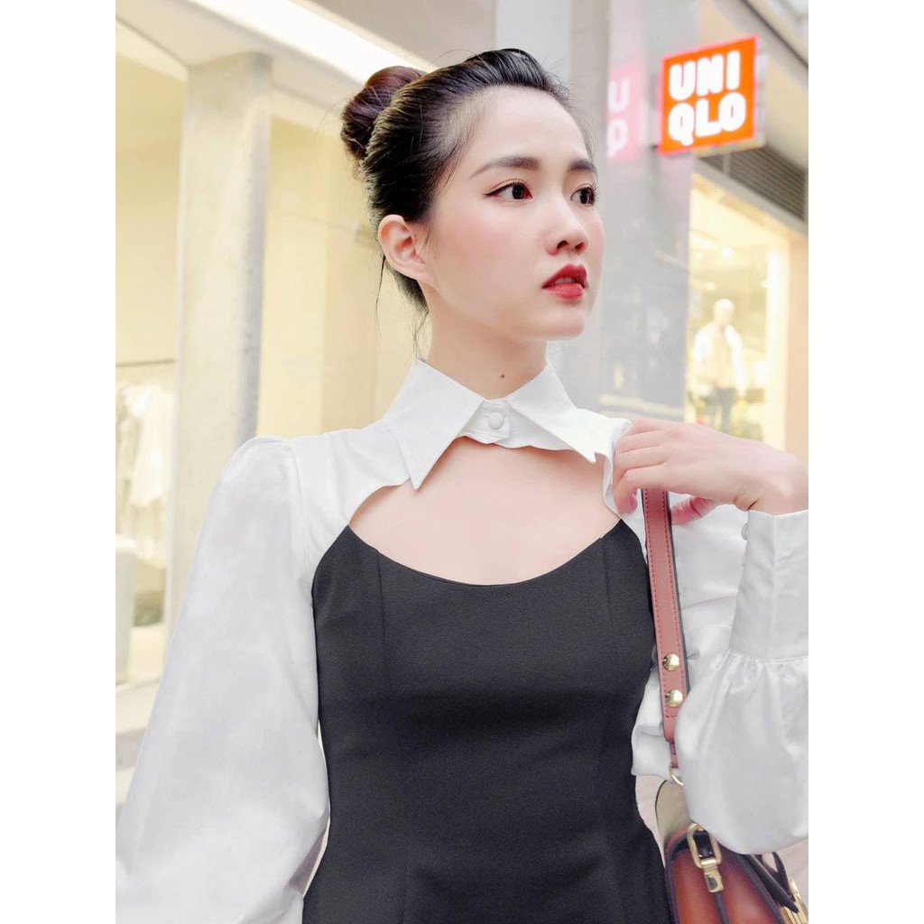 Áo Peplum Cổ Sơ Mi (Đen phối Trắng) | BigBuy360 - bigbuy360.vn