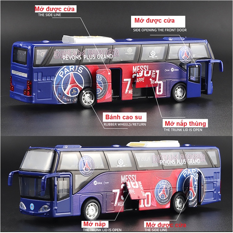 Đồ chơi xe mô hình ô tô buýt đội bóng đá Paris Saint Germain xe bằng kim loại có âm thanh và đèn