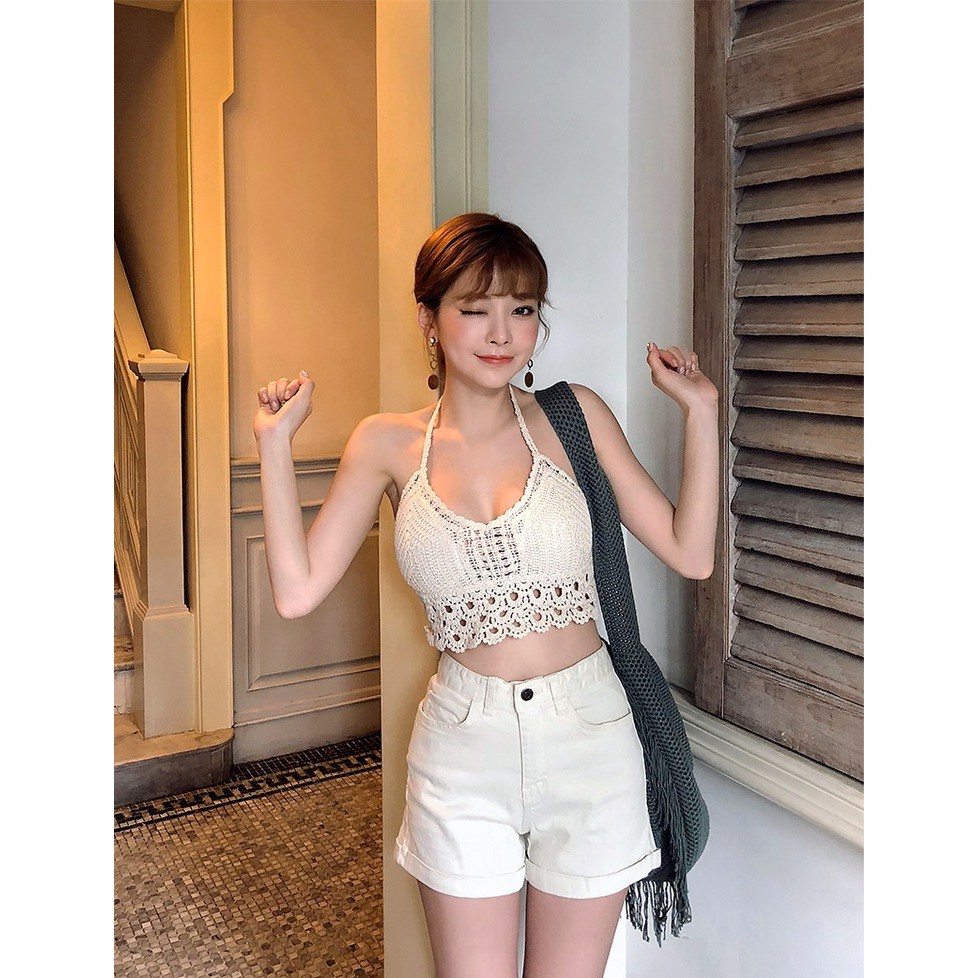 Áo len hai dây croptop đi biển phong cách trẻ trung năng động, Áo len phối ren nữ cá tính thời trang | BigBuy360 - bigbuy360.vn