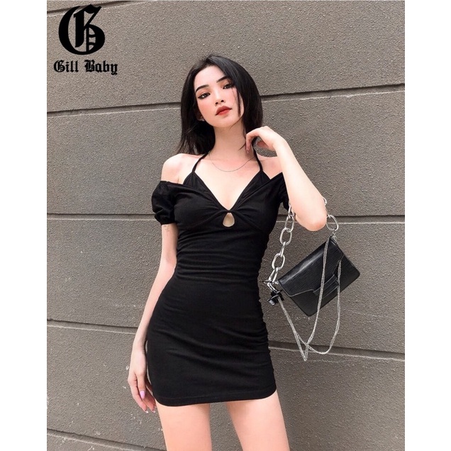 [Mã SKAMA06 giảm 8% tối đa 50K đơn 250K] Đầm Body Thun Gân Cổ Yếm Trễ Vai Kèm Bra Dán- MANDY DRESS