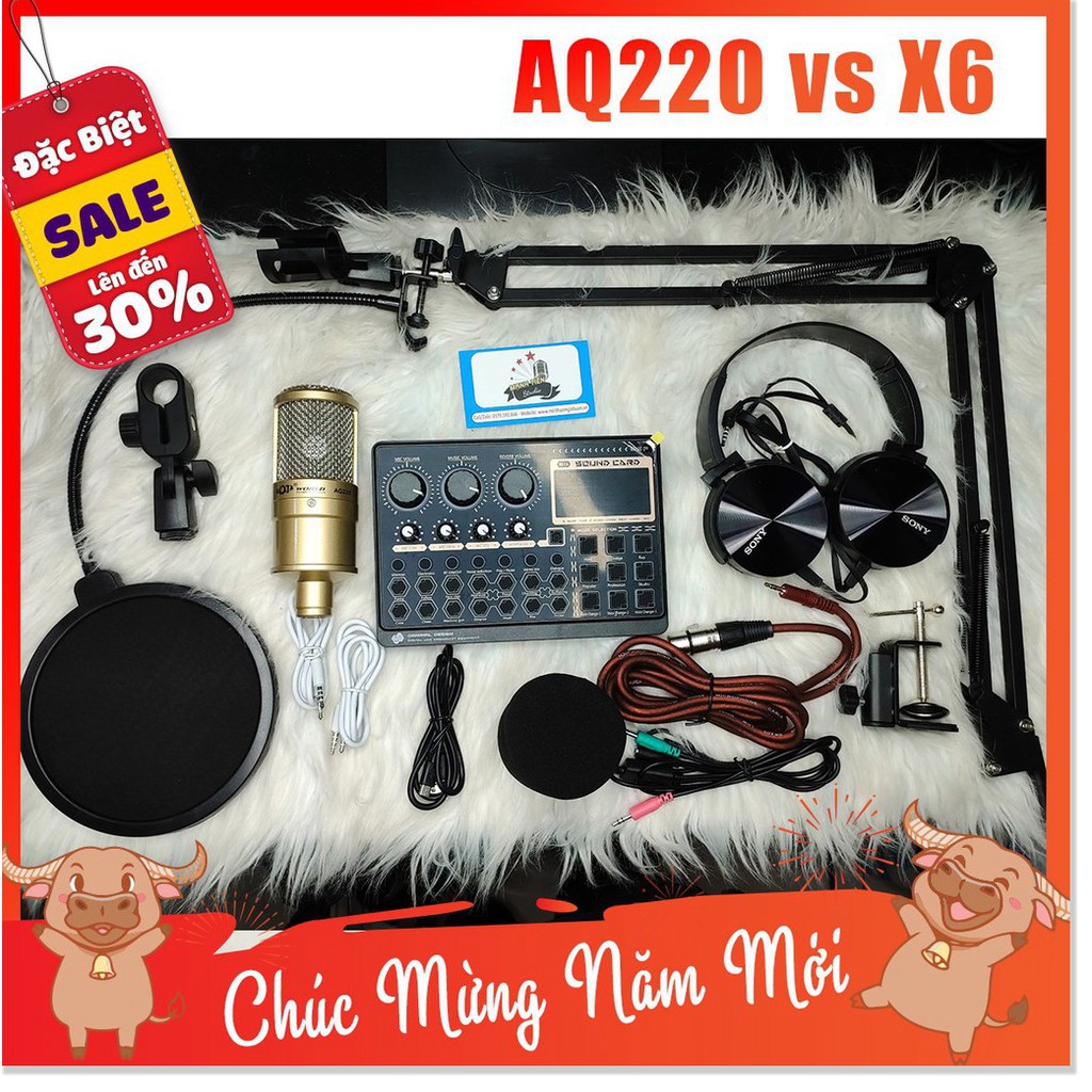 [tặng full phụ kiện] trọn bộ combo micro aq220 + sound card x6 + full phụ kiện livestream karaoke thu âm xịn sò bh 12th