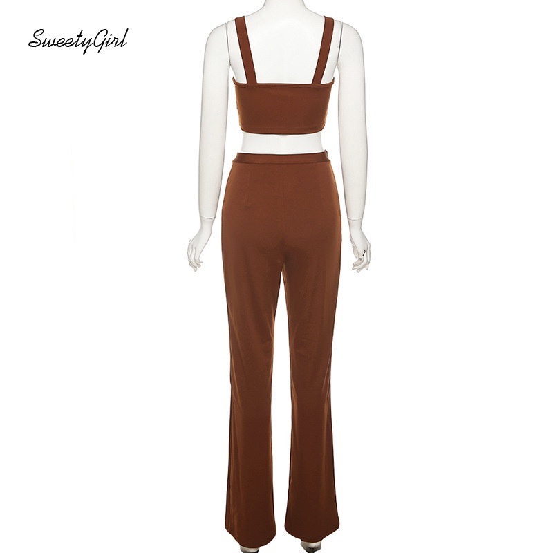 Bộ áo tank top màu sắc đơn giản + quần dài lưng cao ống đứng thời trang cho nữ