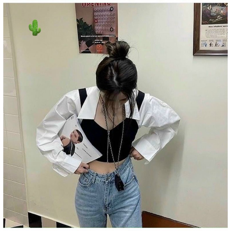 Áo sơ mi trắng khóa zip phối kiểu gile