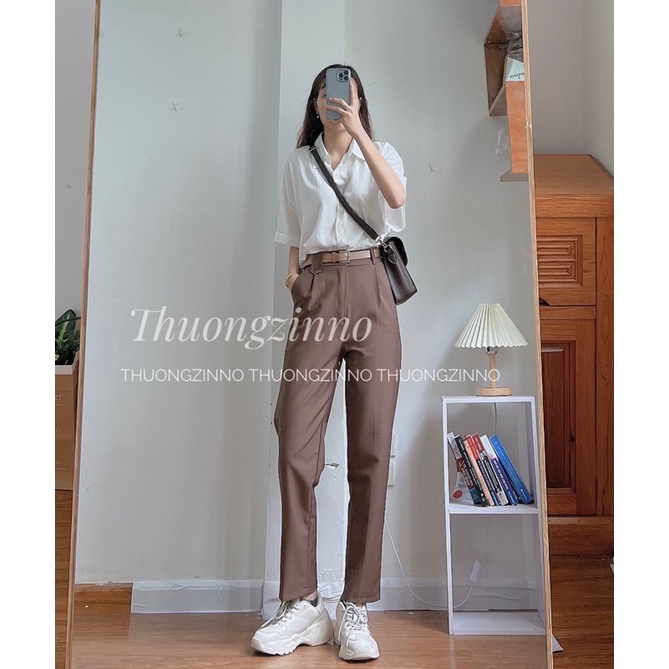 [Ảnh thật/Video] Quần baggy chất trượt thái mịn Quần âu vải baggy nữ form vừa mặc mát tặng kèm đai siêu hách dáng