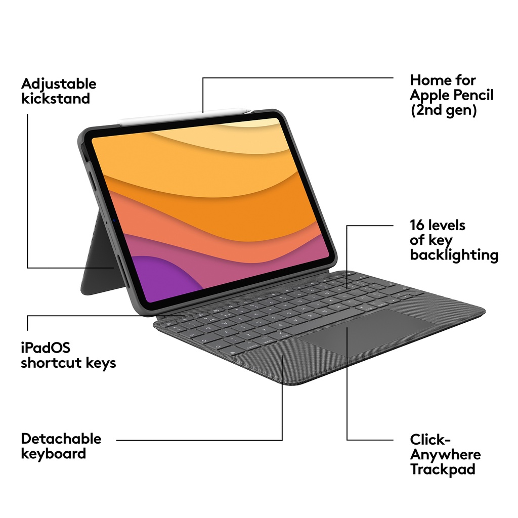 Bao da kèm bàn phím Logitech Combo Touch dành cho iPad Air Gen 4 & 5 -Backlit tháo rời, Trackpad siêu nhạy