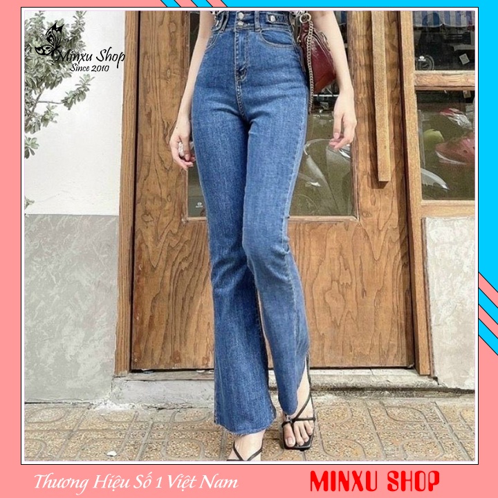 Quần jean ống loe lưng cao màu xanh trẻ trung co giãn mềm mát siêu tôn dáng Minxu Shop Q6301