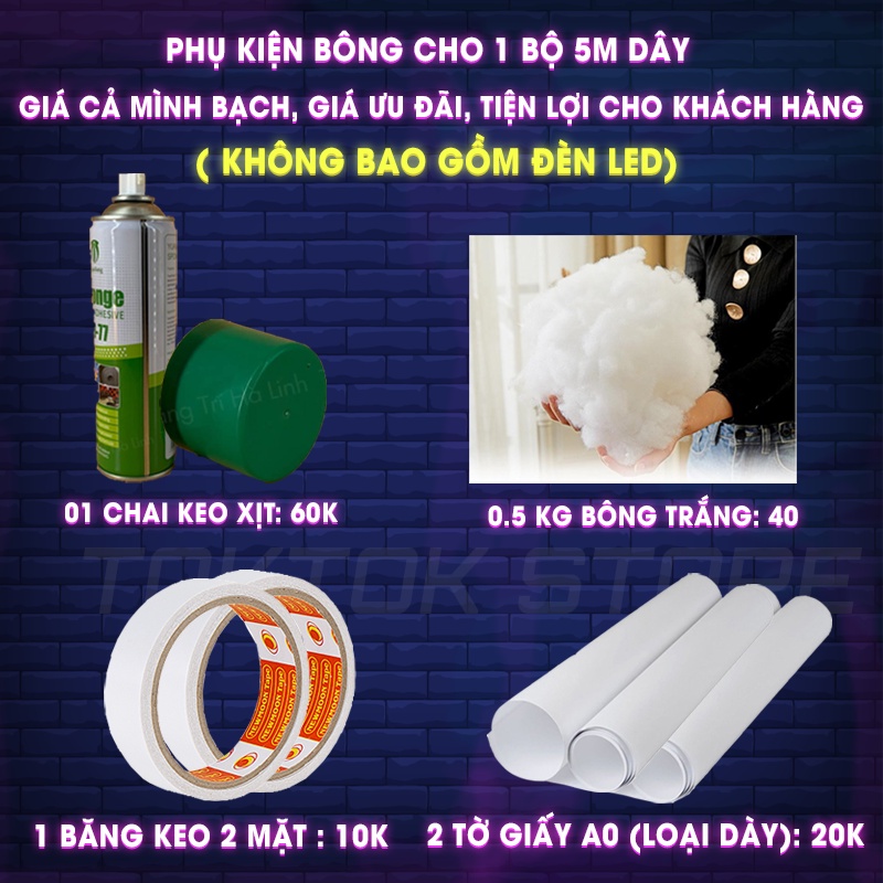 Đèn đám mây, phụ kiện bông làm đèn đám mây, đèn sấm chớp, bông chống bám bụi bẩn đầy đủ phụ kiện.