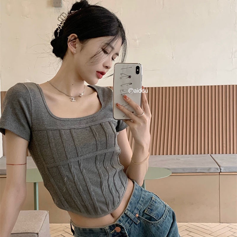 COZOK Áo Thun Ngắn Tay Cổ Vuông Dáng Ôm Hở Eo Xinh Xắn Thời Trang