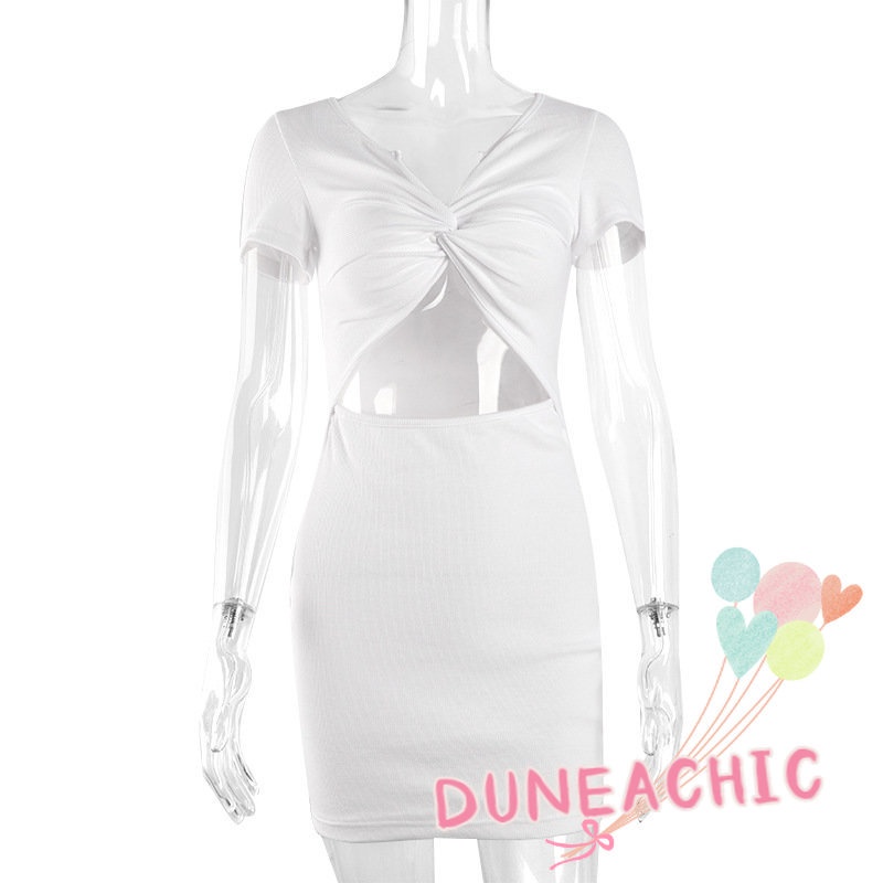 DUNEA Đầm nữ tay ngắn cổ chữ V thắt nút thời trang quyến rũ