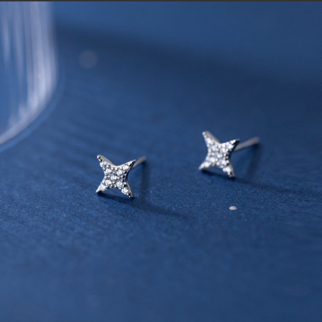 Bông tai bạc H.A.S hình ngôi sao bốn cánh đính đá - HBT42