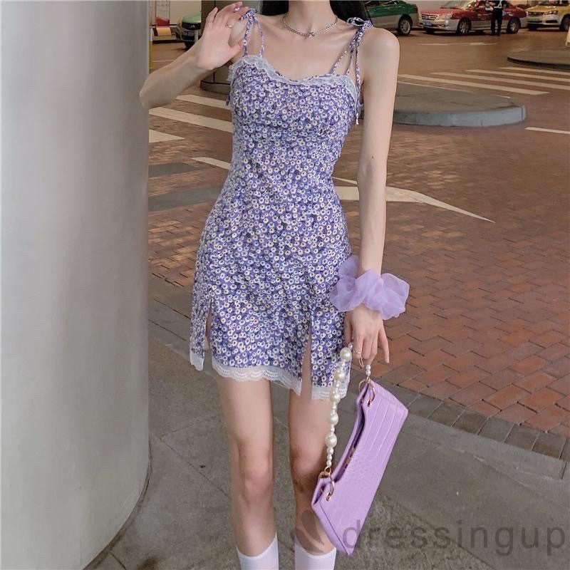 SẴN🎀Đầm ulzzang hai dây hoa cúc nhí phối ren xẻ đùi sexy mặc nhiều kiểu| Đầm tím hoa cúc bánh bèo sexy đuôi cá hot