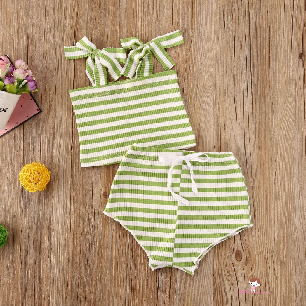 Bộ độ hai mảnh áo ống hai dây buộc + quần ngắn eo cao vải dệt kim dành cho bé gái 0-24 tháng
