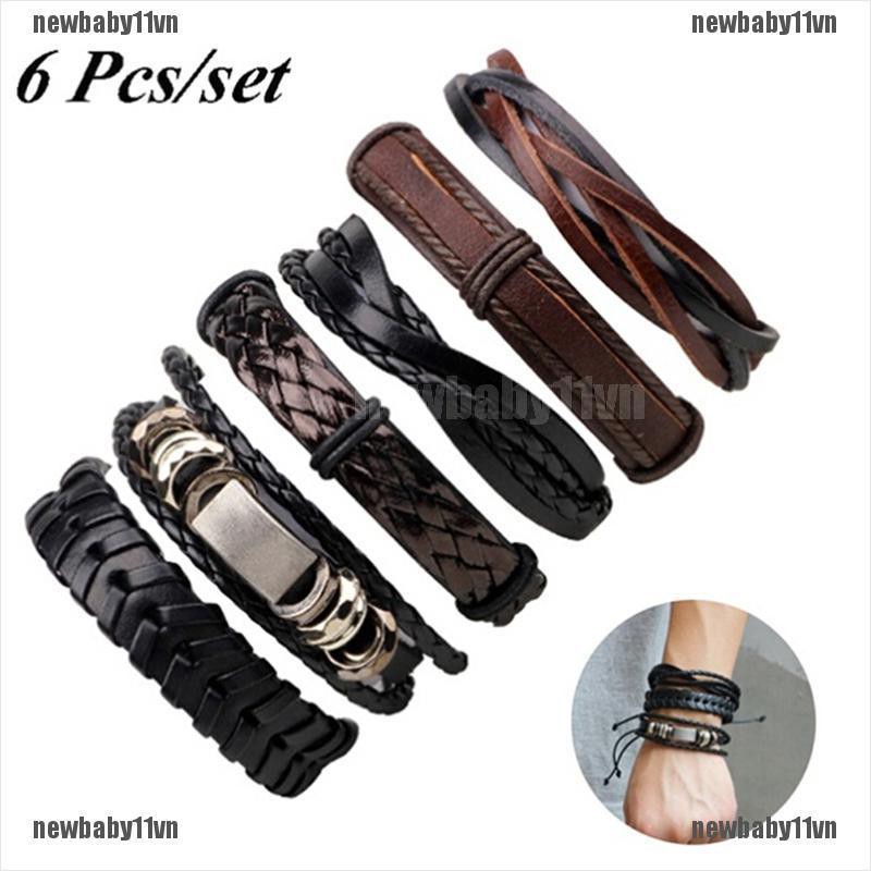 Set 6 Vòng Tay Da Bện Nhiều Lớp Phong Cách Vintage Cho Nam