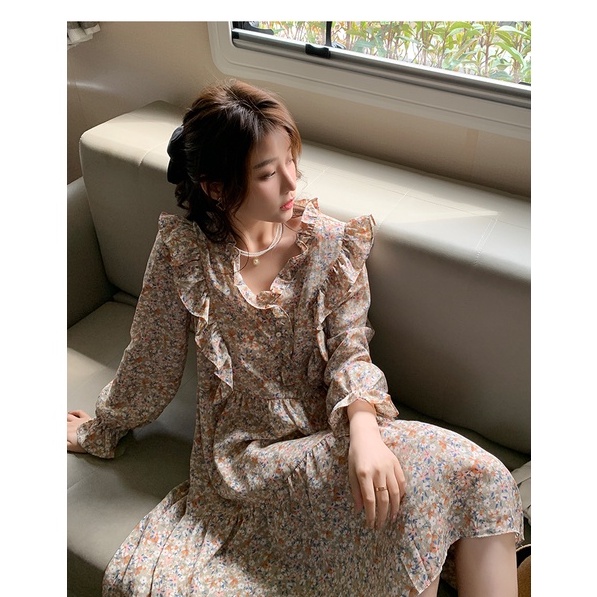 Váy hoa nhí dáng dài phong cách vintage siêu xinh hoa hồng tay dài