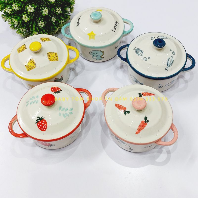 Bát ăn dặm gốm sứ hình nồi có nắp nhiều họa tiết,dung tích 230ml,NPP Baby Tôm