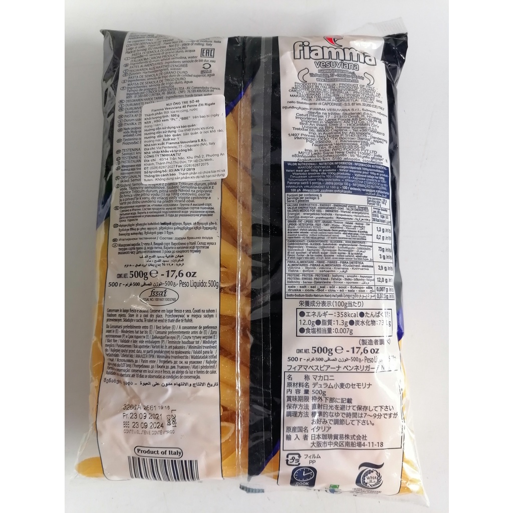 [Gói 500g – SỐ 40] NUI ỐNG TRE [Italia] FIAMMA No 40 Penne Ziti Rigate (halal) (atu)