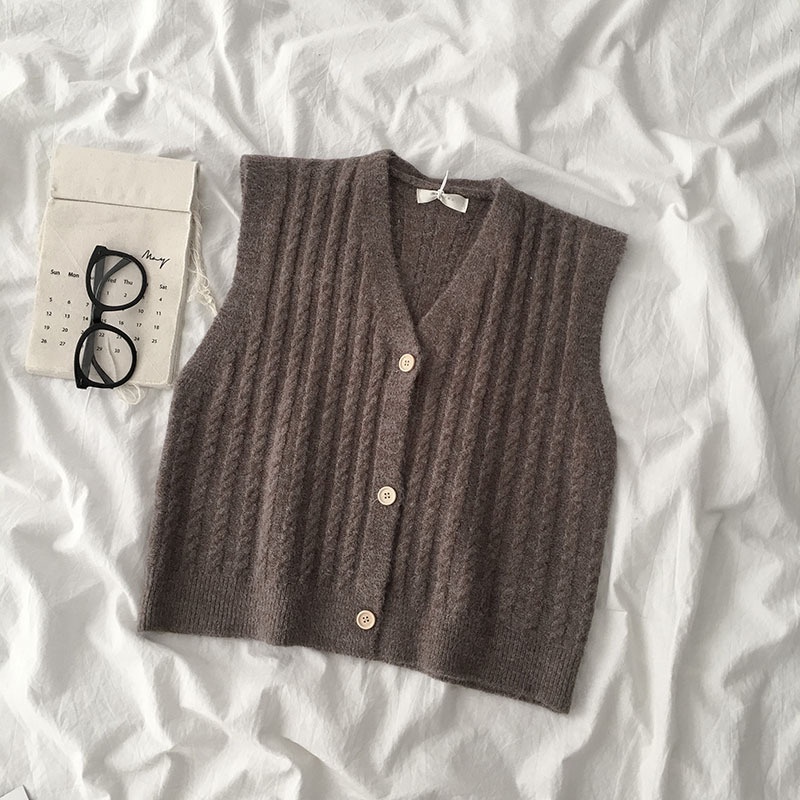 Áo Khoác Cardigan Không Tay Cổ Chữ V Màu Sắc Trơn Phong Cách Hàn Quốc Cho Nữ
