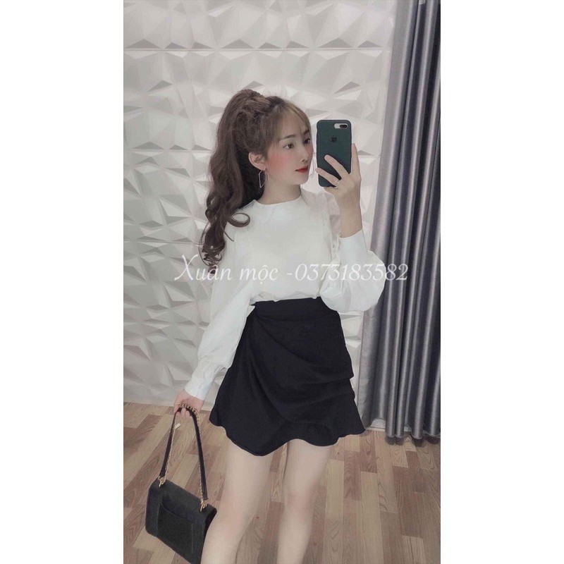 Set áo sơ mi phối chân váy ngắn rúm siêu xinh