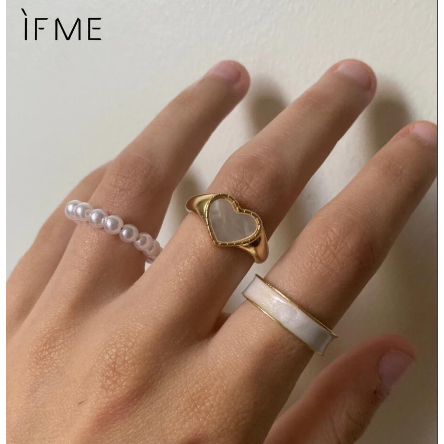 IF ME Bộ 3 Nhẫn Đính Ngọc Trai Hình Trái Tim Sang Trọng Cho Nữ