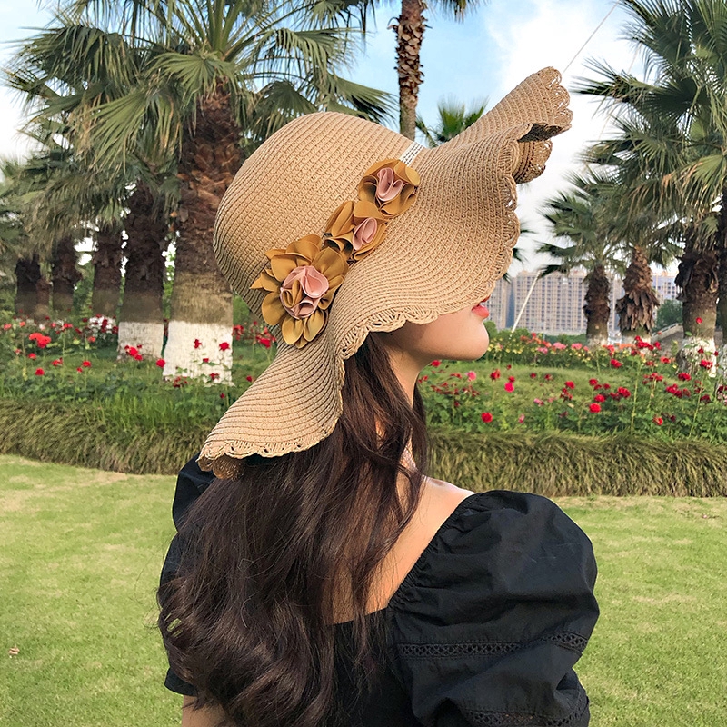 Mũ rơm mỏng thoáng khí che nắng phong cách retro đơn giản phối hoa thời trang đi biển mùa hè