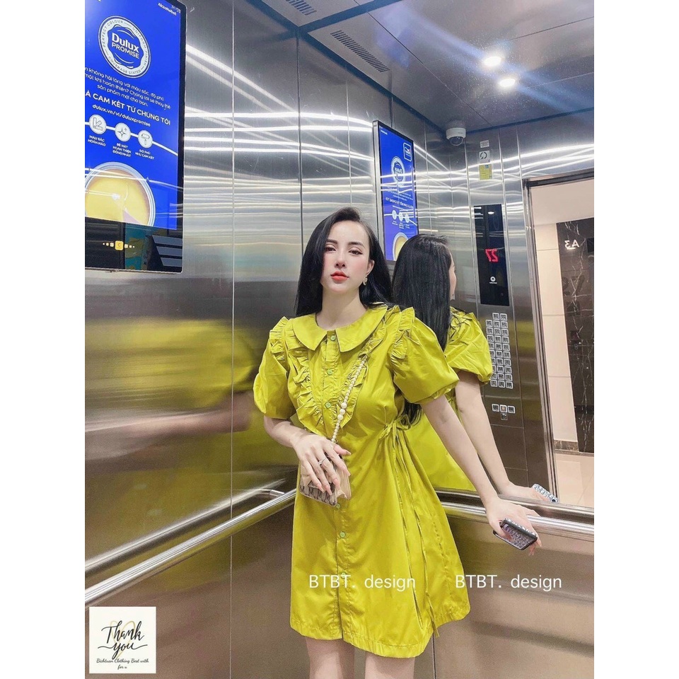 đầm lụa phối nút dây eo cổ bẻ cánh tiên ngắn tay