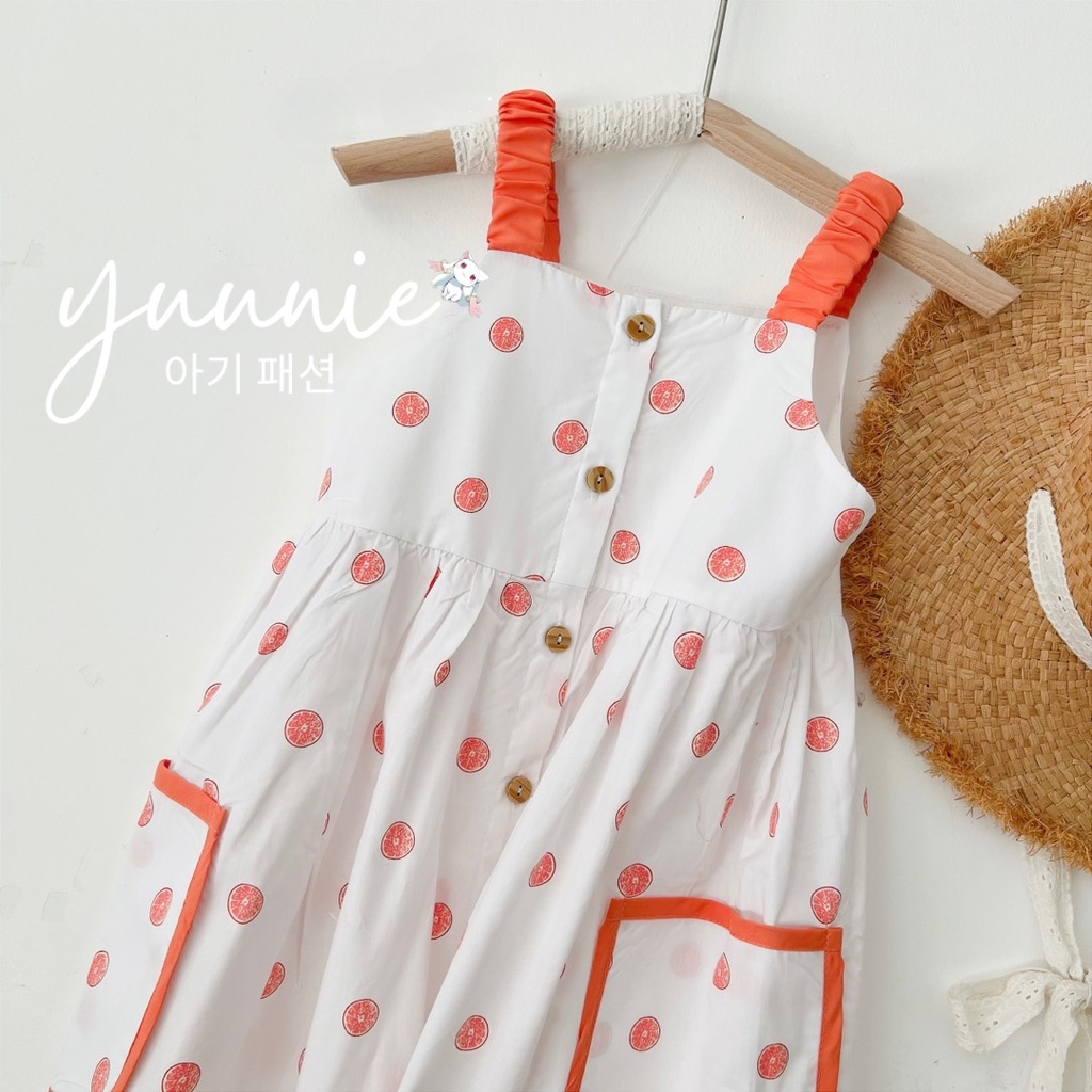 Váy bé gái YUUNIE trắng 2 dây bản vai túi viền cho trẻ em 3,4,5,6,7,8,9,10 tuổi