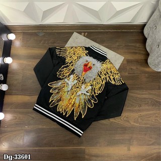 Áo Bomber Nam Thêu Đại Bàng Tung Cánh Bản Màu Đen Viền Áo Kẻ Trắng Cực Sang