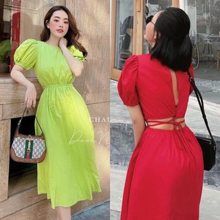 Đầm xoè đan dây lưng tay phồng
