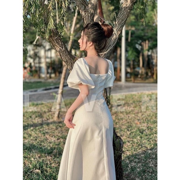 ĐẦM MIDI CỔ VUÔNG XẾP NGỰC NÚT BỌC TAY PHỒNG | BigBuy360 - bigbuy360.vn