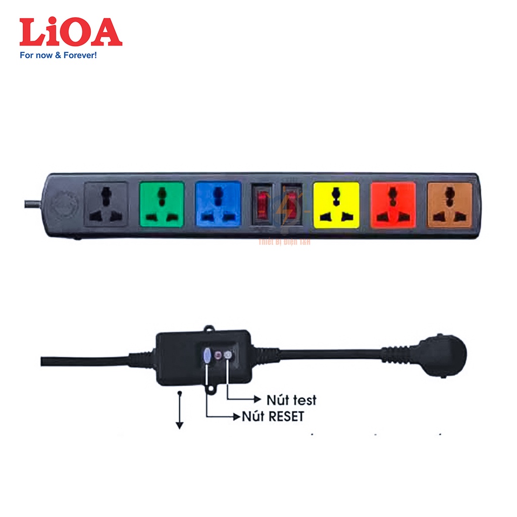 Ổ cắm điện chống giật lioa, 6 ổ cắm, 2 công tắc, 3300W, dây dài 3M, 6D33N-CG