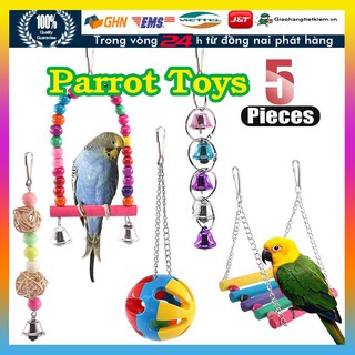Set 5 đồ chơi cho chim vẹt xích đu treo thang chuông gặm nhai cắn bóng trang trí lồng
