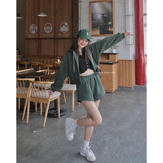 Set áo nỉ croptop kéo khoá kèm quần short, set zip hoodie nỉ bông croptop kèm quần Bazic one