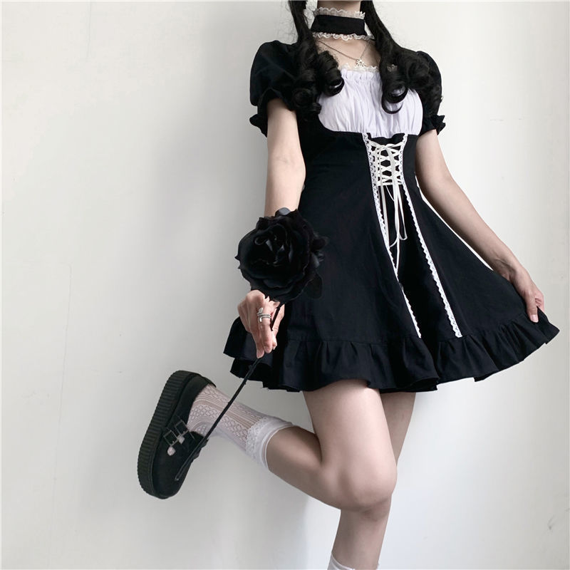 Đầm lolita tay phồng ôm eo dáng xòe màu đen thời trang Nhật Bản cho nữ | BigBuy360 - bigbuy360.vn