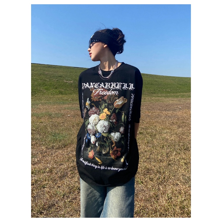 Áo thun ngắn tay dáng rộng phong cách hip-hop Mỹ cho nữ