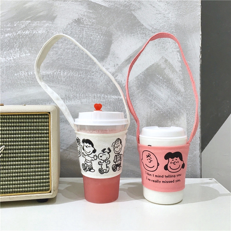Túi Vải Canvas Đựng Cốc Nước Chống Nóng Hình Snoopy Charlie Giá Đỡ
